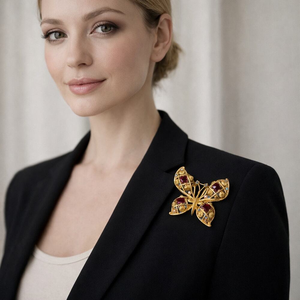 Vintage 1970s Avon  Gold Jeweled Boho Butterfly Brooch Pin